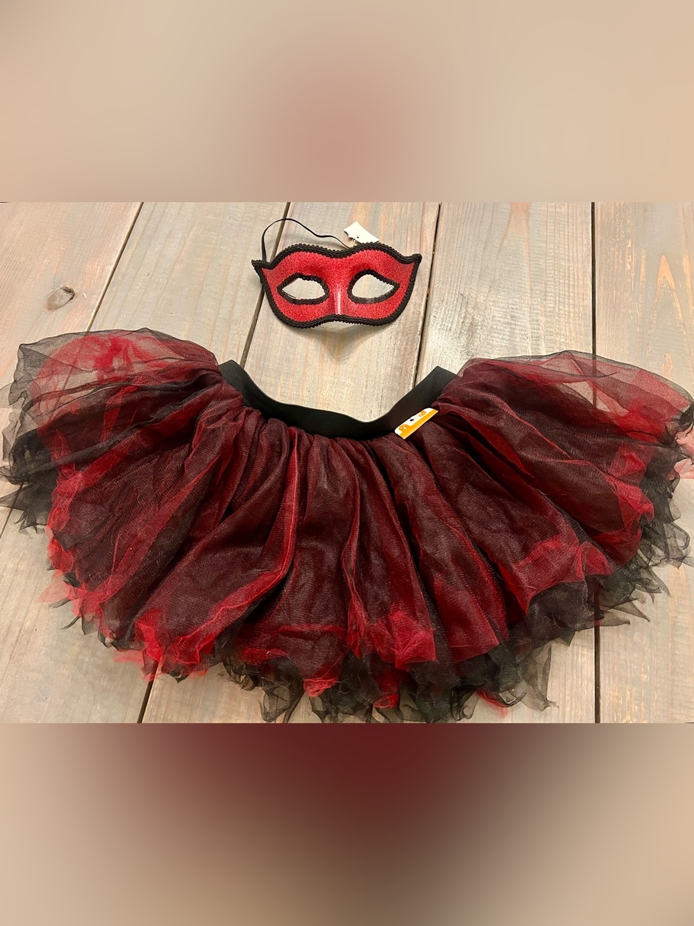 Red & Black Costume Set Layered Tutu Skirt & Glitter Masquerade Eye Mask Y M/L